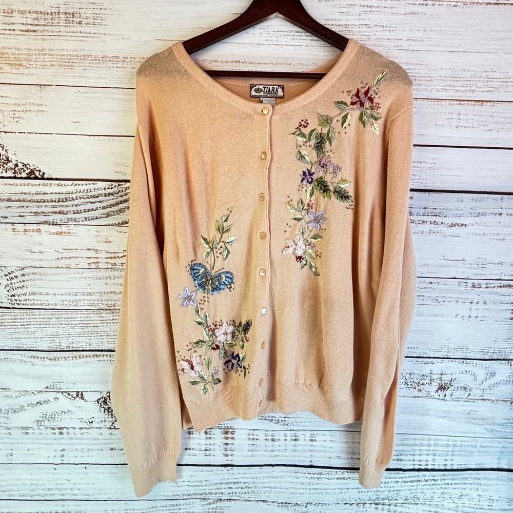 Vintage Embroidered Beaded Cardigan L Peach Ramie/Rayon 3D Ribbon Floral Whimsy - Picture 2 of 16